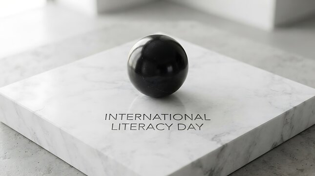 Black sphere on marble background with International Literacy Day text, minimalist office concept, white stone texture, shallow depth of field, educational awareness, studio lighting