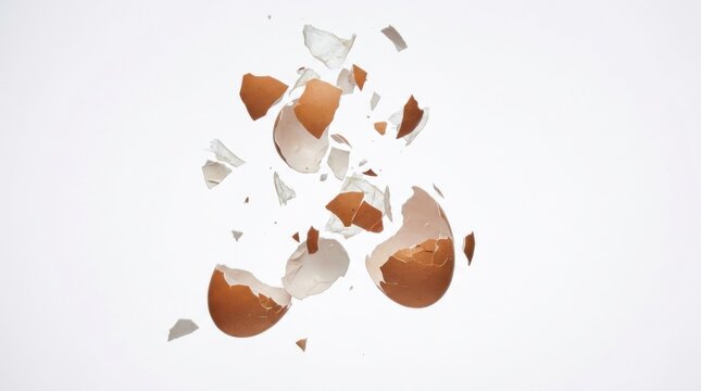 broken eggshell pieces falling dynamically against clean plain white background