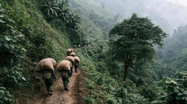 A group of local farmers carried heavy sacks along a mountain path in the forest.