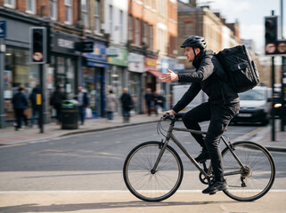 Naklejka premium Cycle courier riding through city traffic with a delivery