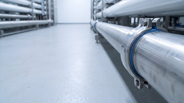 Perspective View of Industrial Stainless Steel Pipes in Pharmaceutical Manufacturing Facility