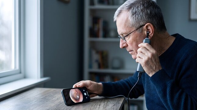 Senior Man Inspecting Ear with Smart Digital Otoscope and Phone App