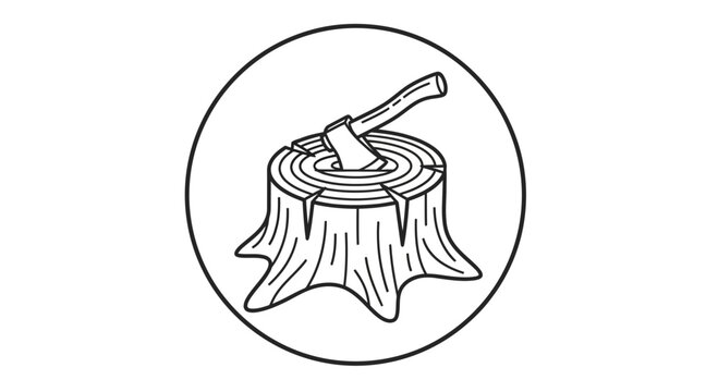 tree stump, axe on top, black and white