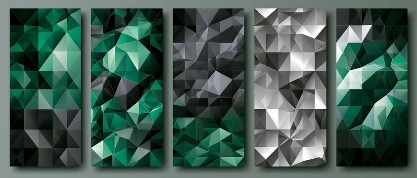 Abstract modern emerald green and silver geometric low poly polygonal vertical banners set