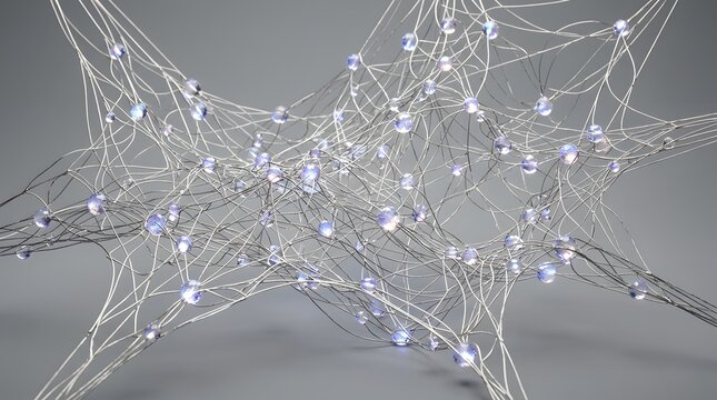 Intricate silver metallic web structure interconnected with glowing glass spheres featuring delicate filaments against a minimalist clean industrial studio backdrop