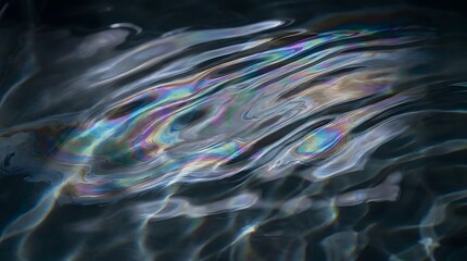 Fototapeta premium Iridescent oil spill creates swirling rainbow patterns across dark rippling water surface captured in high resolution close up macro photography