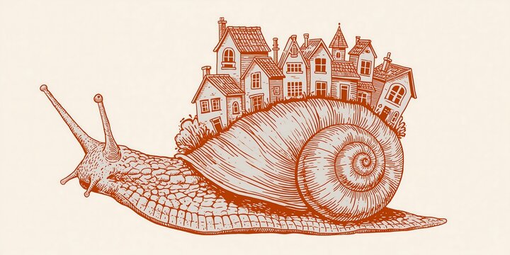 Vintage snail carrying village houses, retro engraved animals art, cute bug with buildings, whimsical illustration for nursery decor