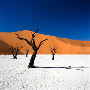 Dead acacia trees in white desert Deadvlei Namibia under a clear blue sky
