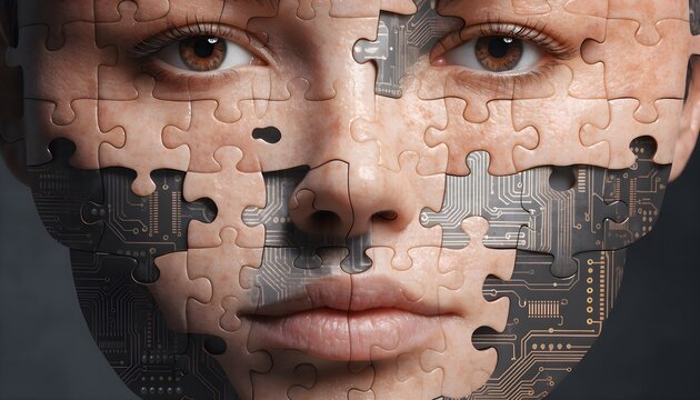 Human Face Puzzle Combining Biological Skin and Digital Circuit Pieces