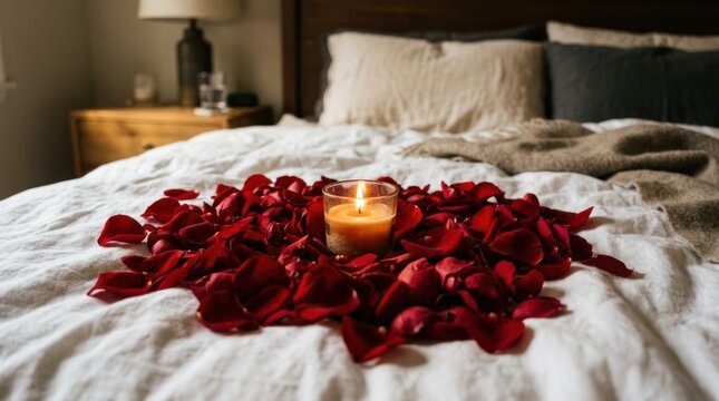 lit candle burning softly on bed of red rose petals