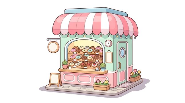 Cute pastel donut shop vector illustration with a striped awning and a display window full of sweet pastries