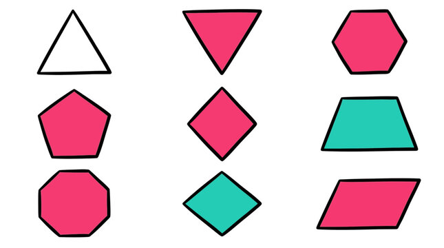 Hand-Drawn Colorful Geometric Shapes Collection Featuring Various Polygons and Abstract Figures for Educational Design Projects