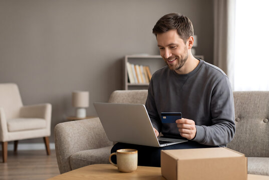 Man shopping online with credit card and laptop at home