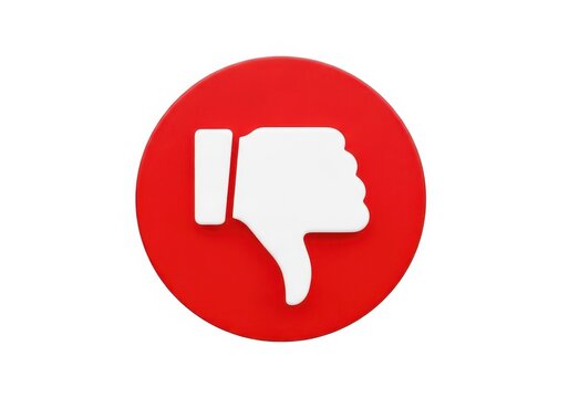 Red round icon with a white thumbs down hand gesture symbol for bad feedback isolated on white background
