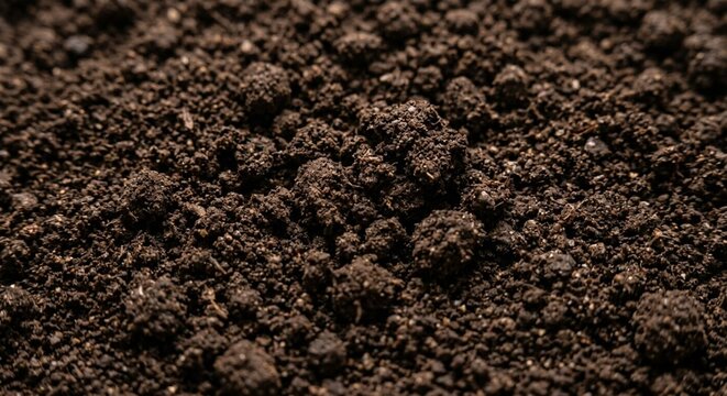 Close up view of dark fertile soil texture for gardening and agriculture background.