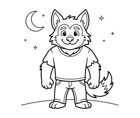 Cute cartoon werewolf character standing under a crescent moon for a fun halloween coloring page for kids