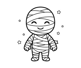 Cute cartoon mummy character for halloween coloring page with simple line art style for kids activity