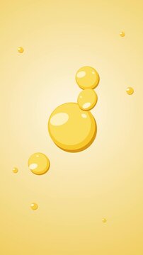 3D animation drops yellow liquid disintegrate merge zero gravity, abstract fluid motion, small to big spheres