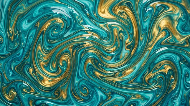 Abstract fluid art background with swirling teal and gold metallic paint textures creating a luxurious marble effect