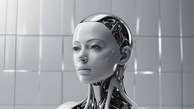 Sleek white female cyborg headshot portrait in clean bright studio 3D render illustration for corporate stock photo presentation website background header element