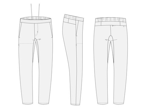 Three View Drawcord Zip Pocket Pants Technical Flat Multi View