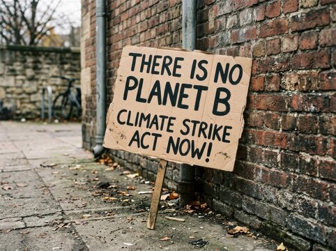 Hand painted cardboard placard urging climate action on an urban sidewalk