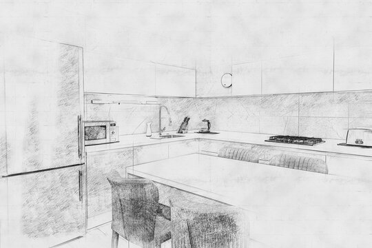 Black and white pencil scetch digital art of modern new kitchen in a luxurious apartment