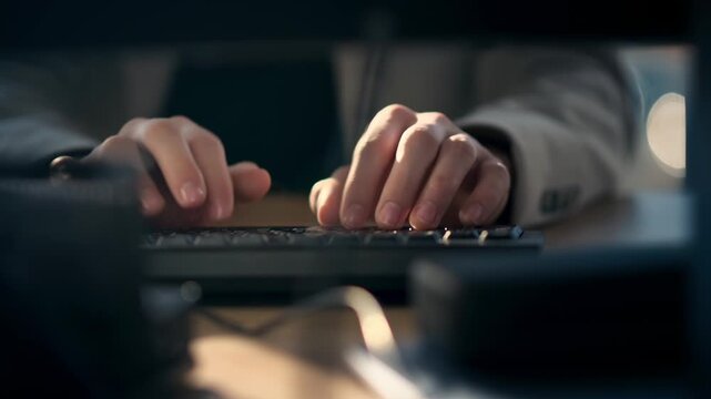 Close-up of human hands typing on a black computer keyboard in an office setting with natural light.
