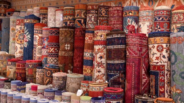 Traditional handmade oriental carpet collection inside a bustling textile market shop.