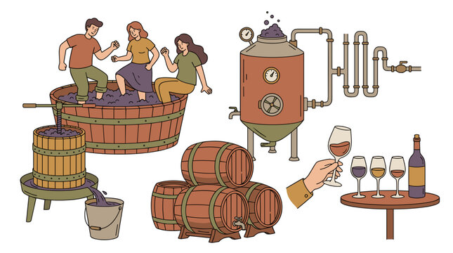 Winemaking process illustration: people stomping grapes, pressing, fermentation tank, barrels, and wine tasting