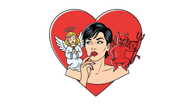 Woman Torn Between Angel and Devil on Heart Background