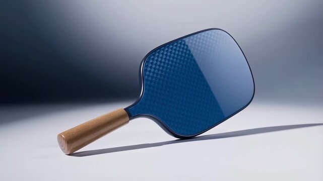 Blue carbon fiber pickleball paddle with wooden handle rotating on a smooth white background