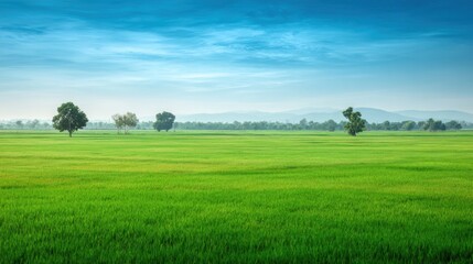 Obraz premium Vibrant green paddy field under a clear blue sky with scattered clouds