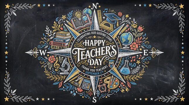 Chalkboard compass teacher day illustration featuring colorful education icons like books microscope globe calculator for academic appreciation design work.