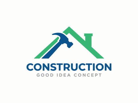 Construction logo with hammer and house roof, home renovation icon, building contractor branding, green and blue vector design
