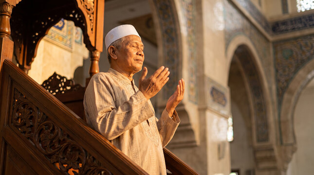 Senior Asian Muslim Man Offering Prayers on Wooden Minbar Under Warm Morning Sunlight Inside a Grand Mosque