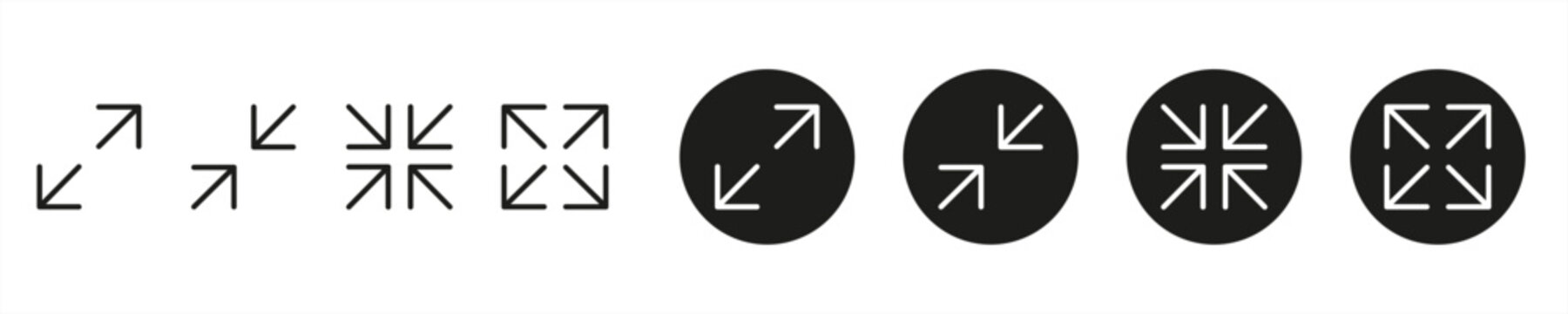 Line-style arrow icon set for zooming in and out; line-style arrow icons for resizing and expanding; vector illustration.