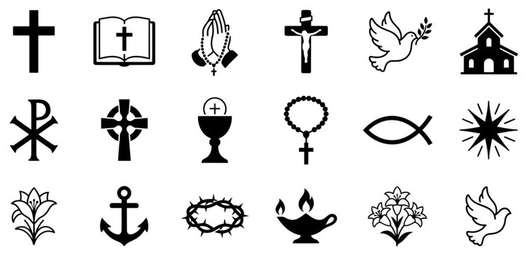 Collection of christian symbols including a cross dove church and religious icons