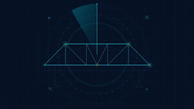 Futuristic blueprint radar interface with rotating sweep and engineering schematic