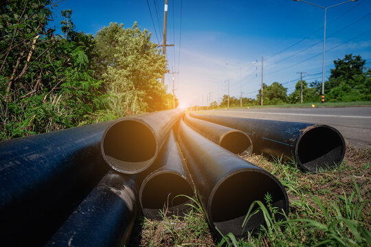 HDPE pipes for water and gas supply systems at construction sites; construction site water supply system projects.