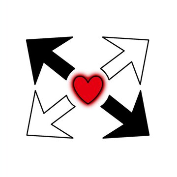 Four arrows converging on a central point with a glowing red heart symbol.