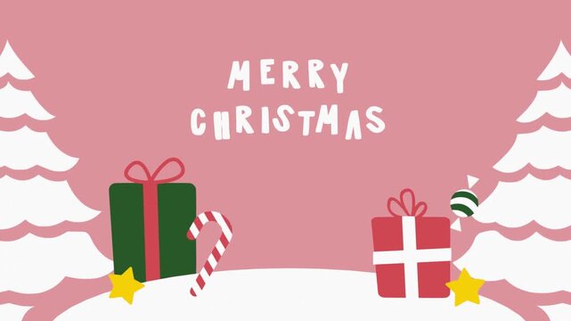 Cute Merry Christmas Backdrop Flat Motion Graphic. Christmas greeting background with gift boxes and stylized pine trees on pink background.