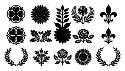 Vintage Heraldic Floral Silhouette Vector Set Featuring Fleur De Lis Laurel Wreath Rose Crest Blossom and Decorative Botanical Stencil Ornaments © Mdsumon