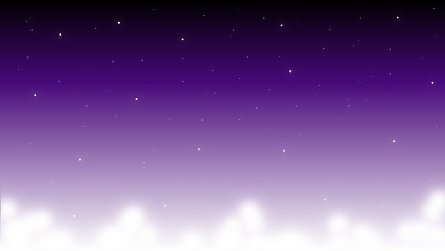 Abstract night sky vector background with starry purple gradient and soft white clouds along the bottom margin.