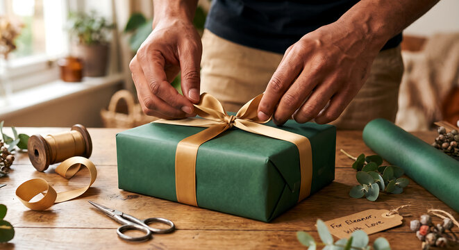 Person wrapping a gift box with green paper and gold ribbon on a wooden table