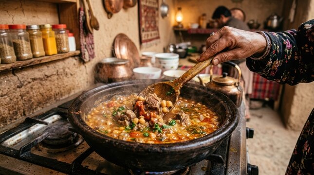 A close-up of a hand stirring a pot of lamb and chickpea stew, the stew bubbling, the meat tender, the chickpeas soft. The background shows a traditional Afghan kitchen.