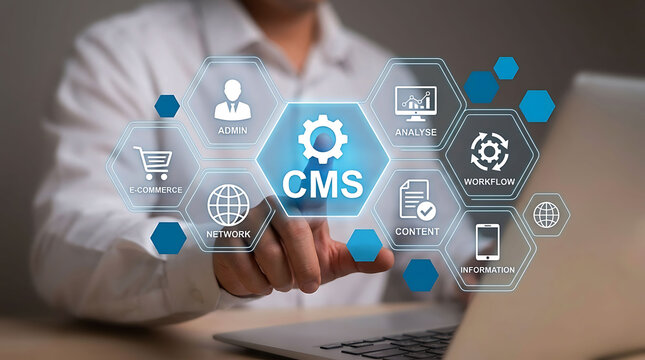 Person typing on laptop with CMS procurement and digital technology icons interface