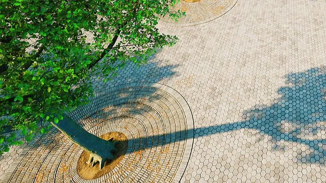 A tree stands in the center of a circular pattern on the pavement. Shadows of leaves cover some areas. The ground has a hexagonal design. Sunlight shines down on the scene.