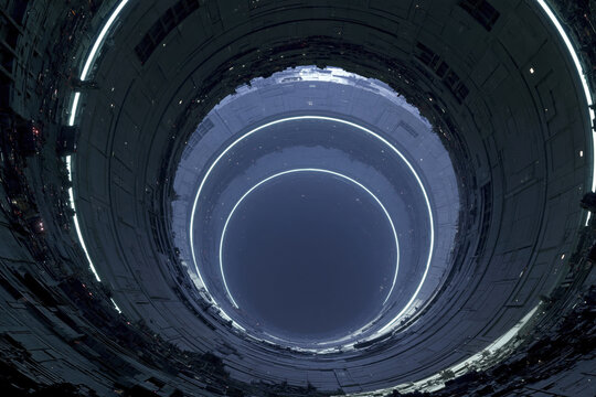 Circular skylight futuristic interior dark ceiling geometric architecture blue light creates mysterious atmosphere