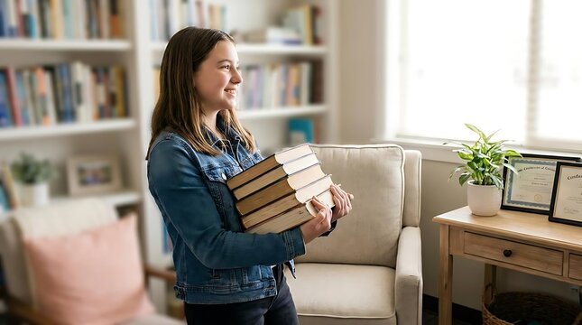 Young student carrying heavy stack of books indoors.